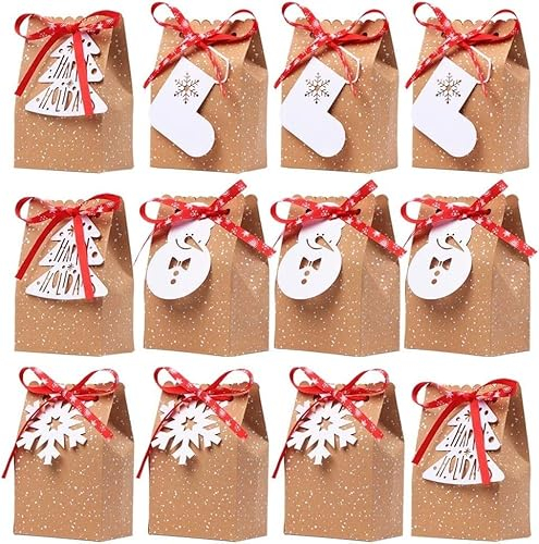 Fayavoo Geschenktüten Weihnachten, 24 Stück Papiertüten Klein Mit Etikett Und Rotes Band, Kraftpapier Tüten Geschenkbox Zum Befüllen