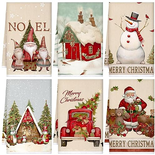 Sratte 6 Pcs Christmas Kitchen Towels Vintage Winter Dishtowels Absorbent Snowman Santa Claus Bathroom Hand Towels Christmas Decoration for Xmas Kitchen Bathroom Gifts