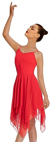 Mulnall Damen Modern Lyrisches Kleid Camisole Tanz Kostüm Ballett Asymmetrisch High-Low Mesh Rock Ärmellose Leotard Gymnastik Tanzbekleidung Latein Rumba Tango Kleid Ballsaal(UK23913-04-S)