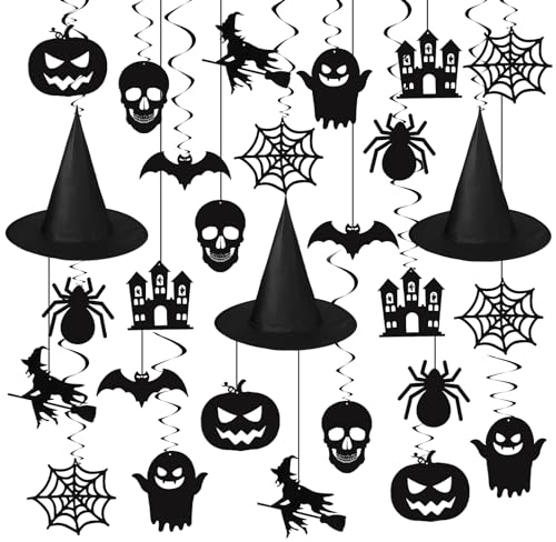 Zhanmai 52 Stück Halloween hängende Wirbel Dekoration Gruselige Geist Schädel Hexe Fledermaus Spinne Kürbis Schloss Spinnennetz Hexenhut Deckendekorationen für Party Luftschlangen Wanddekoration Home