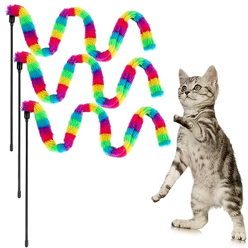 Cobee 3 Pack Interactive Cat Wand Toys (Rainbow Color) | Indoor Cats Kittens, Kitty Training Pets Exerciser