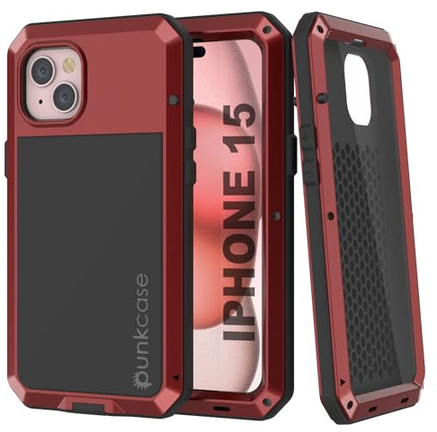 Punkcase Metallhülle für iPhone 15 (15,5 cm / 6,1 Zoll) (2023), robustes Design aus Aluminium und TPU, mit Displayschutzfolie aus gehärtetem Glas, Rot