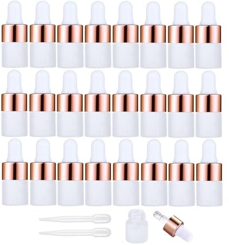 Apstaqeoo 24Pcs, 2Ml Frosted Glass Sample Dropper Bottles, Empty Mini Bottles with Dropper Pipettes Rose Gold Aluminum Alloy Cap Refillable Sample Container for Essential Oils Perfume Cosmetic Liquid