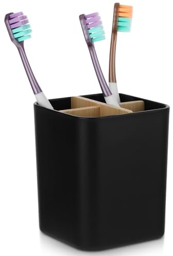 COMNICO Toothbrush Toothpaste Holder, 4 Slot Plastic Eco Friendly Anti-Slip Grips Tooth Brush Storage Box Drainage, Countertop Organizer for Bathroom Shower Kitchen Family, Black