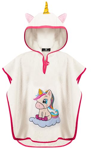 LAYNENBURG Premium Badeponcho Kinder mit Kapuze - 100% Baumwolle - OEKO TEX - Baby Jungen Mädchen Handtuch Poncho Frottee - 3-5 Jahre/Einhorn