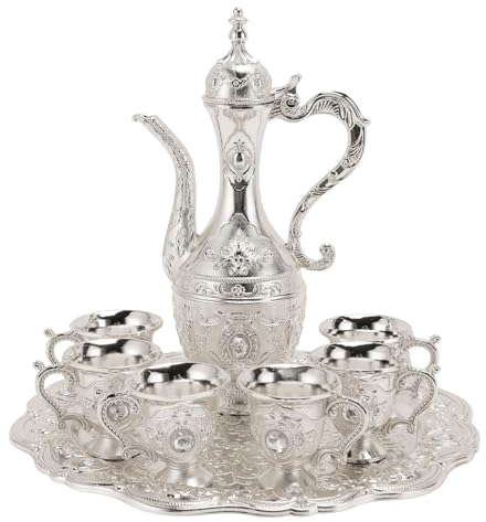 Turkish Tea Set, Vintage Turkish Coffee Pot with 6 Coffee Cup and Tea Tray, Zinc Alloy Metal Wine Pot Kit European Wine Glass Jug for Home Tea Party Wedding Gift (Silver White)
