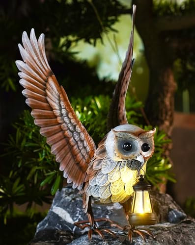 Yeomoo Metall Eule Figuren mit Solarlampen Deko Wohnzimmer und Gartendeko: Eulen Vogel Gartenfiguren für Draußen Lustige Geschenke für Frauen Männer Mama Zimmer Garten Balkon Wetterfest Deko 53.5CM