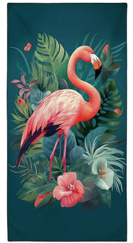 YISUMEI Mikrofaser Strandtuch XXL, Strandhandtuch Leicht Badehandtuch Schnelltrocknend, Flamingo mit grünen Blättern, 180 x 90 cm