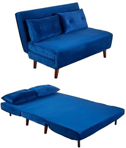 Home Source Double Sofa Bed Futon Couch, Folding Chair Recliner Settee, 2 Pillows, Blue Velvet