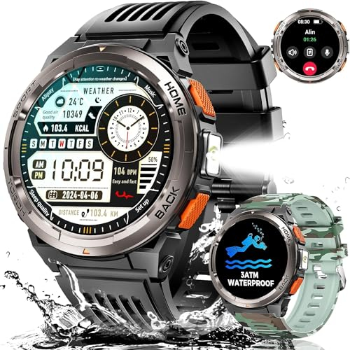 JELLOO 3ATM wasserdichte Militär-Smartwatch für Männer mit LED-Taschenlampe, 1,45 Zoll robuste Taktische Smartwatch mit Kompass, Höhenbarometer, SOS-Alarm, Fitness-Tracker für iPhone und Android
