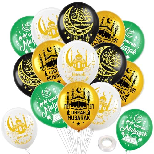 DPKOW 24 Stück Umrah Mubarak Luftballons Dekorationen, Latexballons für islamische muslimische Umrah Mubarak Heim Dekorationen, عمرة مبارك Luftballons Dekoration, 4 Stile