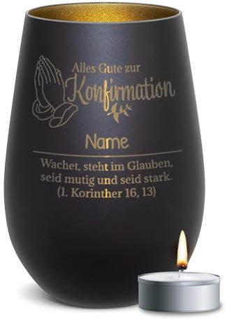 PR Print Royal Schwarzes Windlicht mit Gravur - Alles Gute zur Konfirmation - mit Name Personalisieren - Geschenke zur Konfirmation, Konfirmationsgeschenke | inkl. Teelicht, 450 ml, Innen Gold