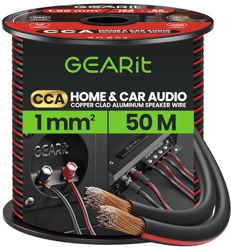 GearIT 18 Gauge 2x1mm² Speaker Cable CCA Wire (50m - Black) Copper Clad Aluminum - Great for Hi-Fi Home Theater and Car Speakers - 18awg