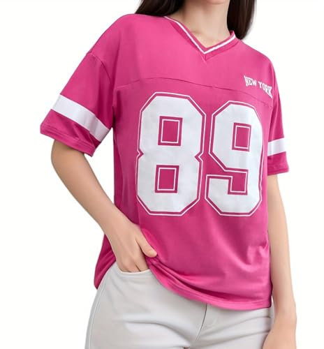 Elincho Amerikanisches Jersey für Damen, übergroß, grafischer Streifenbesatz, V-Ausschnitt, überschnittene Schultern, Sommer-T-Shirts, T62 Rose Red, L