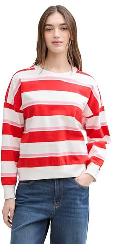 TOM TAILOR Denim Damen 1045508 Sweatshirt, 37179 - White Red Pink Stripe, XL EU