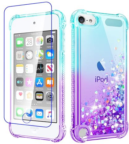 Pilaru Lovely for iPod Touch 5/6/7 Case Clear Liquid Heart Glitter Soft TPU Cover Transparent Girly Shockproof Protective Phone Case for Touch 5th/6th/7th Gen,Green-Purple