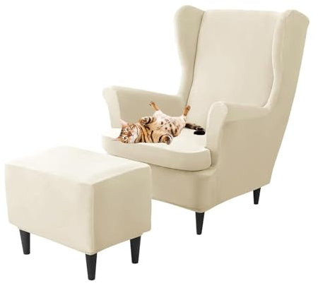 GUYIRT Ohrensessel Überzug Samt Mit Hockerbezug Rechteckig, Ohrensessel Bezug Mit Ottomane Schonbezug Hocker Bezug Für Wohnzimmer Schlafzimmer (Beige)