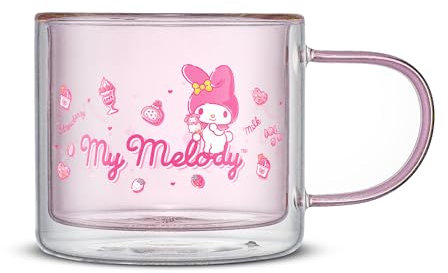 JoyJolt Hello Kitty Double Wall Insulated Coffee Mug ft My Melody, 13.5 oz Glass Cup, Cute Drinking Glassware ideal for Latte, Iced Coffee, or Tea, Kawaii Hello Kitty Merch, Sanrio Accessories