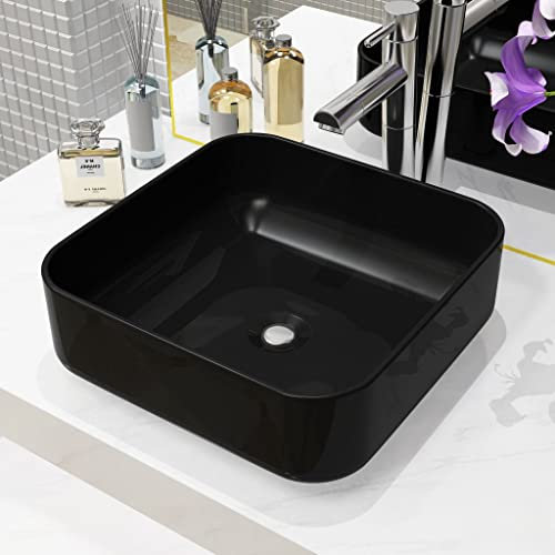 Xichuzi Lavabo, Lavabo sobre Encimera, Lavamanos para Baños, Lavabo Baño, Mueble Lavabo, Muebles De Baño, Cuadrado de cerámica Negro 38x38x13,5 cm