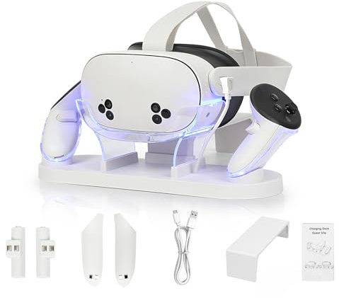 Magnetic Charging Dock for Meta Quest 3S/3 Accessories with LED Light, 2-3 Hour Fast Fill Headset & Controller, Charging Station for MetaQuest 3S/3,with 2 Rechargeable Batteries & USB-C (White)