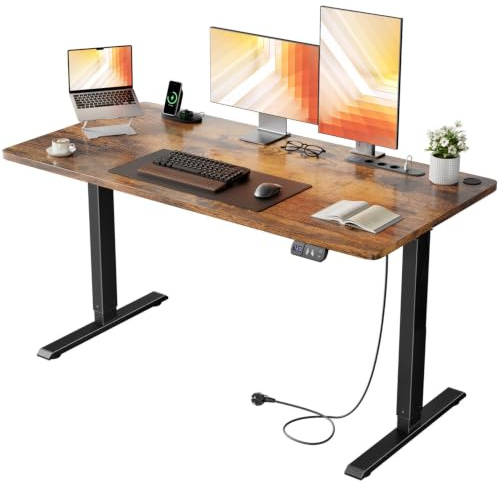 HLFURNIEU Bureau Assis Debout Electrique, 120 x 60 cm, Table Reglable Hauteur, avec Prise Intégrée, Port USB, 2 Positions Mémorisables, Marron Vintage
