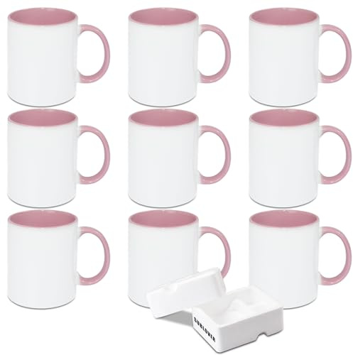 SUBLOVER Set di 9 tazze da caffè in ceramica bianca a sublimazione Tazas Para da 325 ml, tazze per sublimazione per Natale, per macchina da stampa tazza, colore interno e manico (rosa)