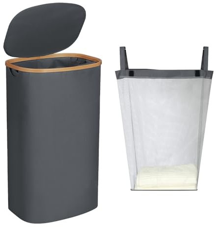 Wäschekorb mit Deckel 110L, Groß Wäschebox mit Bambus Henkel und Herausnehmbaren Wäschesack Laundry Basket with Lid, Faltbarer Wäschekörbe Waschekorbsammler mit Deckel (Grau)