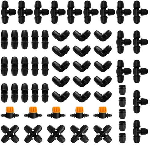 VooGenzek 60 Pezzi Kit di Raccordi per Irrigazione per Tubi per Tubo 4/7 mm, Irrigazione Connettori, con Valvole di Commutazione, Tee, Gomiti, 4 Vie, Diritti, Tappi Terminali
