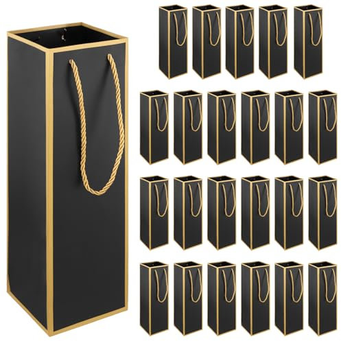 FUNSUEI 24pcs Wine Bottle Gift Bag, Reusable Bottle Wine Bags with Handle, Black and Gold Tote Bags for Party, Shopping, Anniversaries, 10 x 10 x 35cm