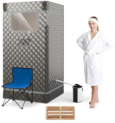 HOMASIS 3L Sauna de Vapor Portatil, 1000W Tienda de Sauna o SPA Home Completa, 91 x 91 x 183 cm, Control Remoto, Masajeador de Pies y Silla Plegable, para Individual, Desintoxicación (gris)