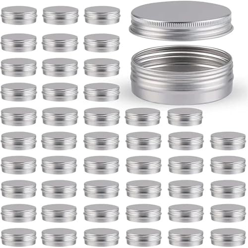 Photophore Lot de 48 boîtes vides en Aluminium de 5 g, 10 g, 15 g, 20 g, 30 g, 50 g, en métal argenté, Rondes, avec Couvercle à vis for baume, épices, Bougies, Rouge à lèvres(50g Silver)