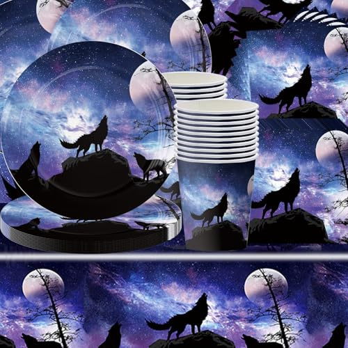 61 Stück Dunkle Nacht Lonely Wolf Party Geschirr Set, Tier-Thema, mysteriöse violette Dekoration, Geburtstagsparty Dekoration, Essdecke, Papierbescher, Handtücher, Karton, für 20 Gäste