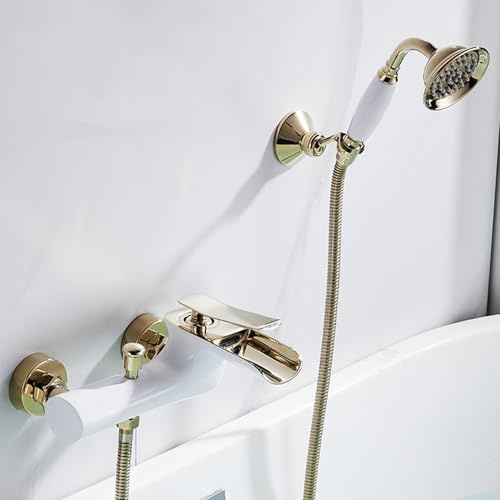 BiaoTeng Miscelatore Vasca da Bagno con Cascata e Doccetta Caldo e Freddo Rubinetto a Cascata per Vasca da Bagno Monocomando Bianco + Oro