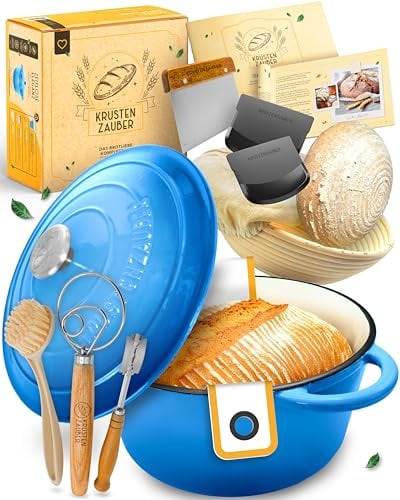 KRUSTENZAUBER Brotbacktopf mit Deckel im XXL-Set für gelungenes erstes Brot | Gusseisen Topf mit Deckel als Backset für Anfänger inkl. Zubehör wie Gärkorb, Schneebesen, Bäckermesser, Brotschlinge