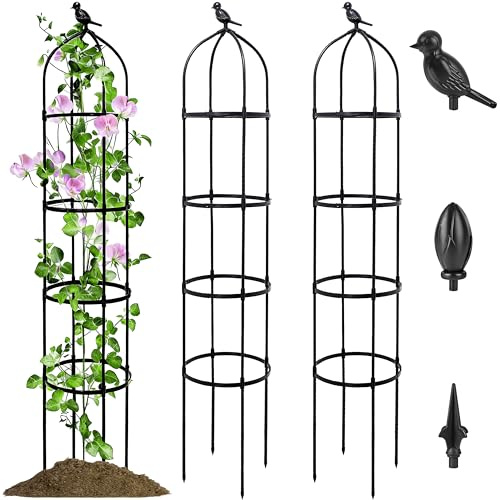 2er Set Rankhilfe Metall 175cm, Obelisk Rankgitter mit 32cm Durchmesser für Kippschutz, Rostfrei Rosenobelisk Höhenverstellbar mit 3 Zierköpfen, Ideal für Kletterpflanzen, Rosen, Tomaten