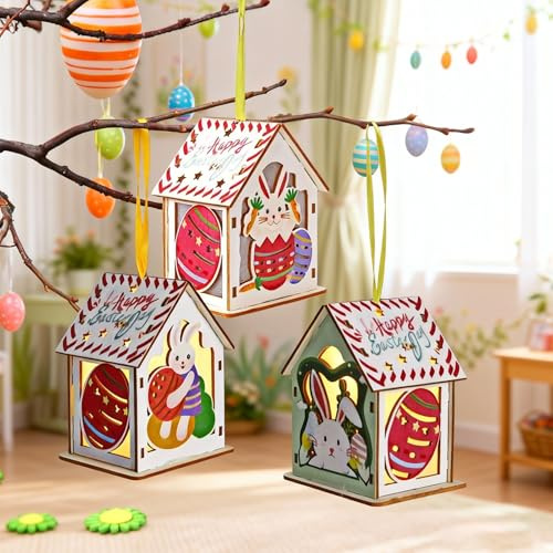 Osterdeko Haus Mit Led, Osterdeko Zum Aufhängen Led Haus Batteriebetrieben, Holzanhänger Ostern Mit Hase Ostereier, Osterdeko Holz Frühlingsdeko Zum Aufhängen An Ästen, Fenstern, Osterkörben (A)
