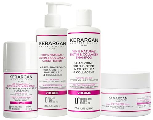 KERARGAN - Biotin-Kollagen 4er Haarpflege-Set für Volumen - 3x250ml+50ml | Shampoo, Conditioner, Haarmaske und Haarserum, komplette Routine für Volumen, Stärke und Glanz