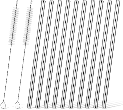 10PCS Edelstahl Strohhalme, Wiederverwendbare Edelstahl Strohhalm Set mit 2 Reinigungsbürsten, Metallstrohhalme für Cocktails, Getränke zu Hause und Unterwegs 15 * 0.6cm