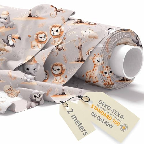 DreamRoots Stoffa Cotone al Metro Bambini, Safari Friends, 2 m | Tessuti a metraggio bambini, cucito creativo, stoffa disney, tessuto cotone, 160 cm, fiocco nascita, cameretta