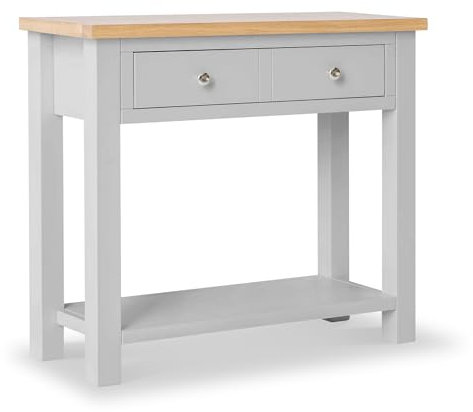 RoselandFurniture Farrow Grey Tall Console Table for Hallway with Storage & Oak Top Large Wide Painted Solid Wooden Hall Telephone Stand with Drawer for Living Room Bedroom or Kitchen