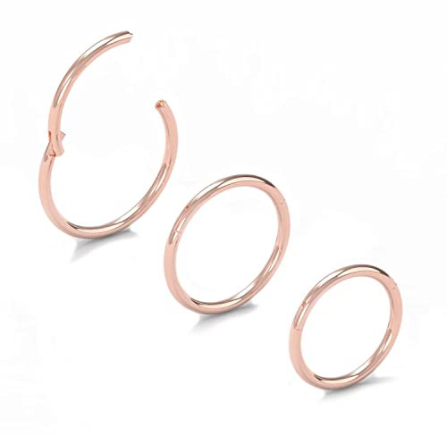 NewkeepsR 3 Pezzi-1.0mm×5/6/7mm Anello da Naso con Clip in Acciaio Chirurgico Oro Rosa,Orecchini a Cerchio Completo con Cartilagine da 20 Gauge per Uomini e Donne,Clicker con Cerniera a Scatto