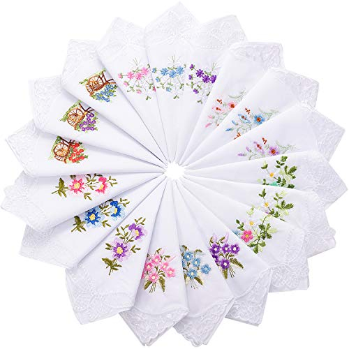 Geyoga 18 Damen Blume mit Spitze Baumwoll Taschentuch Bestickt Farbige Bestickte Baumwoll Taschentücher für Damen