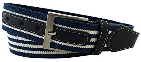 TigerTie hochwertiger Stretchgürtel mit Edelstahl Schnalle und echt Leder Applikationen in blau dunkelblau weiß gestreift. Gürtelbreite 40 mm, Bundweite 110 cm