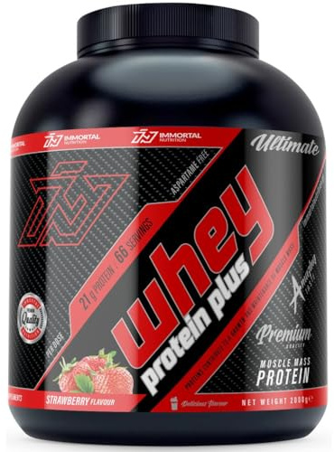 Proteine in Polvere Whey Protein Plus Immortal Nutrition, per la Crescita ed il Mantenimento della Massa Muscolare (2000 g, Fragola).