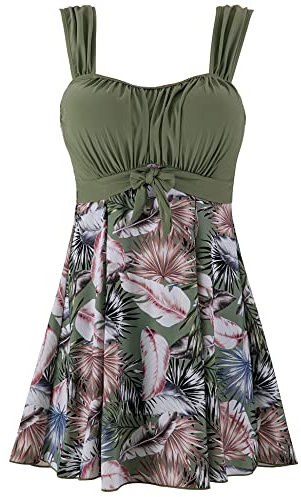 Wantdo Traje de Baño de Una Pieza para Mujer Talla Grande con Falda Cover Up Control Traje de Baño Bañador Verano Conjunto de Bikini Vestido para Playa Mar Piscina Estampado de Bambú 52