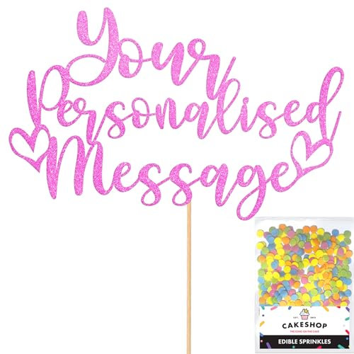 Any Text Personalised Glitter Cake Topper - Light Pink Name, Age, Words Glitter Cake Decoration and Sprinkles - Happy Birthday Decorations - Personalised Toppers for Cakes by Cakeshop