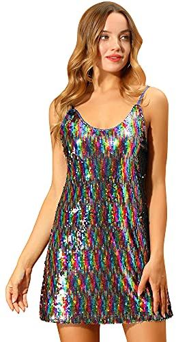 Allegra K Women's Glitter Sequin V Neck Spaghetti Strap Mini Party Dress Clubwear Rainbow L-16