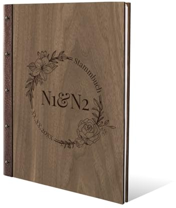 Stammbuch Gravur individuell Okoume Holz Cover mit Echtleder Rücken inkl. vorgedruckte Seiten und Klarsichthüllen DIN A4 (240 x 310 mm) - Blumen Initialen