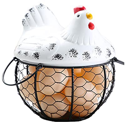 QYLJZB Kitchen Egg Basket, Farmhouse Chicken Wire Basket with Handle and Ceramic Chicken Lid, Cute Egg Storage Basket for Kitchen Living Room Home Decor,White