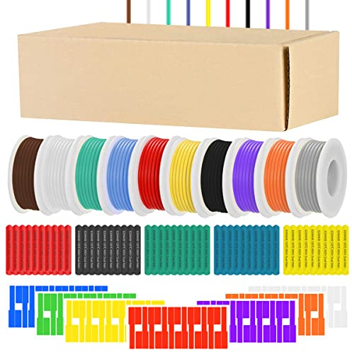 Xiatiaosann 22 Gauge Elektrischer Litzendraht 300V PVC Isolierung Verzinnte Kupferlitzen 10 Farben Flexibles 22 AWG Anschlusskabel Kit (jeweils 9 m) für Heimwerker mit Kabeletiketten, Schrumpfschlauch